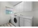 Laundry room with white cabinets, countertops, and a modern washing machine, providing ample storage and functionality at 1502 Water Oak S Way, Bradenton, FL 34209