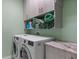 Laundry room with modern washer and dryer and built-in shelving for storage at 4548 Chinkapin Dr, Sarasota, FL 34232
