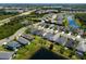 Stunning aerial view of a neighborhood showcasing beautiful homes, lush landscaping, and a serene lakefront setting at 4815 Deep Creek Ter, Parrish, FL 34219
