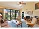 Bright living room with vaulted ceilings, comfortable seating, and a view of the landscaped backyard at 5362 Huntingwood Ct # 16, Sarasota, FL 34235