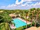 Aerial view of the community pool, featuring ample seating and surrounded by palm trees and lush greenery at 7582 Camden Harbour Dr, Bradenton, FL 34212