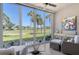 Relaxing lanai with views of the manicured golf course and beautiful palm trees at 9470 High Gate Dr # 2213, Sarasota, FL 34238