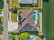 Aerial view of a beautiful waterfront home with a private pool, lush landscaping, and a private boat dock at 1643 Stanford Ln, Sarasota, FL 34231
