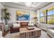 Cozy living room with a leather sofa, decorative pillows, and a large window at 16434 Slate Pl, Bradenton, FL 34211