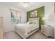 Bright bedroom features queen bed, stylish furnishings, and vibrant accent wall at 17510 Gawthrop Dr # 208, Bradenton, FL 34211