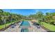 Beautiful backyard with large pool, spa, and patio seating, offering a luxurious outdoor experience in a tropical setting at 244 Cedar Park Cir, Sarasota, FL 34242