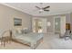 Serene main bedroom boasts soft carpet, stylish furnishings, neutral decor, and a view of the property's backyard at 24705 83Rd E Ave, Myakka City, FL 34251