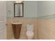 Modern powder room featuring tiled walls, decorative mirror, and stylish vanity at 24705 83Rd E Ave, Myakka City, FL 34251