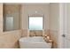 Bright bathroom with a modern soaking tub and frosted arched window at 4307 Camino Real, Sarasota, FL 34231