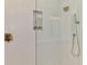 Modern shower with glass door, bronze fixtures, and tiled niche with decorative accent at 5377 Palos Verdes Dr, Sarasota, FL 34231