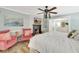 This bedroom view includes two comfortable pink chairs and a fireplace at 6343 Hollywood Blvd, Sarasota, FL 34231