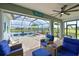 Screened in patio with beautiful furniture and views of the swimming pool and lake at 12330 Halfmoon Lake Ter, Bradenton, FL 34211