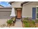 Charming entrance to a home with a decorative front door and lovely landscaping with beautiful stone accents at 13422 Willow Bluestar Loop, Riverview, FL 33579