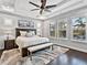 Beautifully appointed main bedroom features plantation shutters and plush, textured rug at 16614 Berwick Ter, Lakewood Ranch, FL 34202