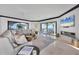Coastal living room showcasing a sectional, fireplace, and scenic water view at 641 Ranger Ln, Longboat Key, FL 34228