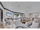 Bright living room featuring a large sectional couch, fireplace, and water view at 641 Ranger Ln, Longboat Key, FL 34228