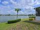 Backyard boasts lush grass and lovely lake view with mature palm tree at 8439 Imperial Cir, Palmetto, FL 34221