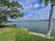 Beautiful backyard leading to lake and private boat dock, lush landscaping, and mature tree at 8439 Imperial Cir, Palmetto, FL 34221