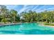 Large community pool featuring mature trees, umbrellas, and lounge chairs on a sunny day at 8445 Starlight Loop, Parrish, FL 34219