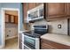 Close-up of kitchen area, showcasing stainless steel appliances and dark wood cabinetry at 1657 Bonita Bluff Ct, Ruskin, FL 33570