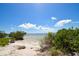 Picturesque beach view with a person on a bench surrounded by lush greenery with clear Gulf water at 2402 16Th W St, Palmetto, FL 34221