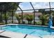 Screened pool features a dolphin water fountain and is surrounded by tropical landscaping at 3984 Holin Ln, North Port, FL 34287