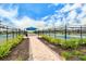 Paver walkway between fenced tennis courts with sun shelters, landscaping, and lighting at 6244 Talon Preserve Dr, Nokomis, FL 34275