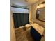 Bathroom with green and white shower curtain, a blue vanity, and wood-look flooring at 6711 Cambridge Park Dr, Apollo Beach, FL 33572