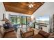 Cozy living room with vaulted wood ceiling, glass doors to outdoor patio, and comfortable furnishings at 7907 4Th W Ave # 7907, Bradenton, FL 34209