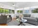 Cozy living room with gray sofa, hardwood flooring, and abundant natural light through bright windows at 1140 Oak Ne St, St Petersburg, FL 33701