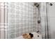 Detailed shower tile work with convenient storage shelving and decorative shower curtain at 1140 Oak Ne St, St Petersburg, FL 33701