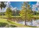 Scenic view of a pond reflecting the sky, surrounded by mature trees and lush landscaping at 14921 Barrows Bluff Ter, Bradenton, FL 34212