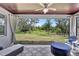 Relaxing screened patio with a ceiling fan, comfortable seating, and a view of the lush backyard at 17032 Harvest Moon Way, Bradenton, FL 34211