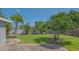 Spacious backyard featuring lush green lawn, privacy fence, tropical trees, and brick patio at 1857 Jasmine Dr, Sarasota, FL 34239