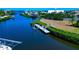 Aerial view of a waterfront property with private dock, showcasing the tranquil canal at 4700 Mainsail Dr, Bradenton, FL 34208