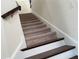 Carpeted staircase with dark wood trim and white risers leading to the upper level of the home at 5521 Summit Gln, Bradenton, FL 34203