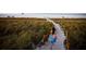 A sandy path leading to the beach, bordered by tall grass. A Personal is walking towards the water at 111 Whispering Sands Cir # V38, Sarasota, FL 34242