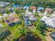 Aerial view of a house with a screened pool, lush landscaping, and solar panels at 4063 Westbourne Cir, Sarasota, FL 34238