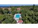 Aerial view of a community pool, pond, and surrounding wooded area at 6412 Sun Eagle Ln, Bradenton, FL 34210