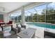 Spacious covered patio featuring patio furniture overlooking a pool and lush landscaping at 7424 Arrowhead Run, Lakewood Ranch, FL 34202