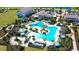 Aerial view of the community pool with surrounding lounge chairs, umbrellas, and lush tropical landscaping at 17119 Barnwood Pl, Bradenton, FL 34211