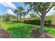 Well-maintained backyard with lush green grass, palm trees, privacy shrubs, and a wall at 19038 Lappacio St, Venice, FL 34293