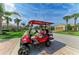 Red golf cart parked on a brick paver street lined with palm trees and well-manicured lawns at 19038 Lappacio St, Venice, FL 34293