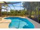 Beautiful screened pool with blue water, concrete deck, and view of palm trees and foliage at 224 Dahlia Ct, Bradenton, FL 34212