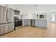 Modern kitchen with stainless steel appliances, gray lower and white upper cabinets, and hardwood floors at 2655 Bay St, Sarasota, FL 34237
