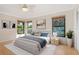Bright bedroom with a plush bed, windows with a beautiful outside view, and matching art pieces at 4625 Deer Creek Blvd, Sarasota, FL 34238