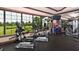 Well-equipped gym with cardio machines, weights, and large windows offering beautiful green views at 12619 Sorrento Way, Bradenton, FL 34211