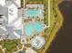 Overhead view of community pools, waterpark and clubhouse with lounge seating surrounding pool at 5117 Marina Basin Ct, Bradenton, FL 34211
