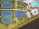 Aerial view of the tennis and basketball courts, putting green and water park at community center at 5117 Marina Basin Ct, Bradenton, FL 34211