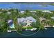 Aerial view of estate home featuring a pool, lush landscaping, a private dock, and water access at 5132 Jungle Plum Rd, Sarasota, FL 34242